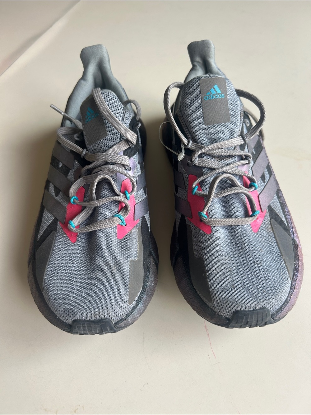adidas Kids Gray Sneakers with Pink & Teal Accents